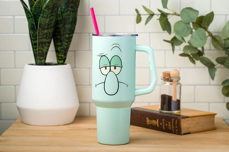 Silver Buffalo SpongeBob SquarePants Double Walled Stainless Steel Tumbler with Handle Featuring Squidward, Fits in Standard Cup Holder, 40 Ounces thumbnail 2