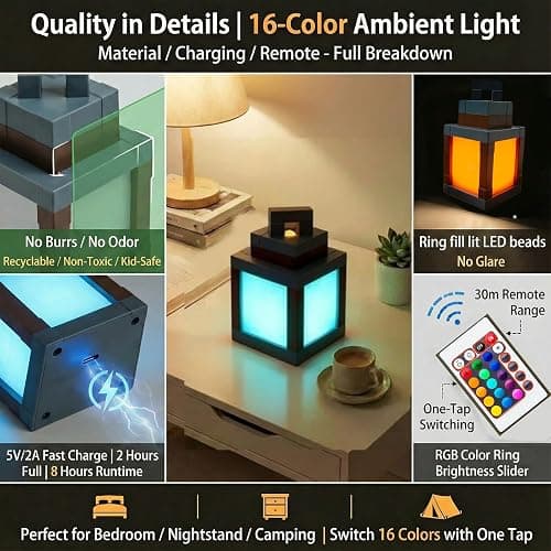 Pixelated Lantern Night Light – 16-Color LED Lamp with Remote Control, Rechargeable Wall or Table Light for Gaming Rooms or Kids’ Bedrooms, Fun Gift for Gamers, Decor for Boys Bedroom 12-15 thumbnail 3