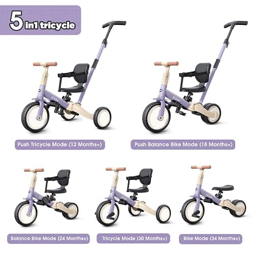 newyoo Toddler Tricycle with Push Handle for 1-3 Year Old, Toddler Bike, Birthday Toy for Boys and Girls, 5 in 1 Kids Trike, Balance Bike with Backrest and Safety Belt, Purple, TR007 | Toddler Trike with Push Handle Lets Parents Steer and Converts to Balance Bike, Fun Outdoor Toy for Boys and Girls, Purple thumbnail 4