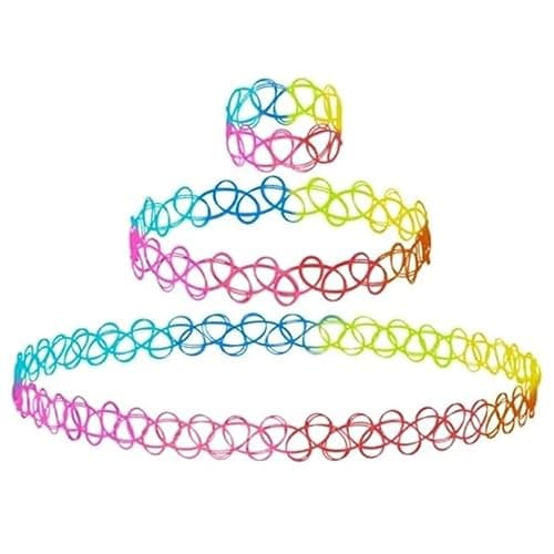 BodyJ4You Choker Henna Tattoo Necklace Bracelet Ring Set - 90s Accessories 80s Old School 2000s Jewelry - Vibrant Pink Blue Rainbow Gothic Black - One Size Women Teen Girl - Stretchy Elastic Plastic - Image 1