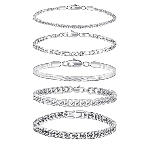 RANKEEF 5PC Chain Bracelet for Men - Stainless Steel Figaro Rope Cuban Link Set 7.5/8.3/9 Inches Mens Silver Bracelet- Gifts for Dad, Husband, Boyfriend - Image 1