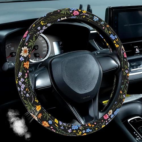 Wildflower Car Steering Wheel Cover, Flower Car Accessory for Diverse Cars, Cute Floral Print Steering Wheel Cover Protector for Women, for Steering Wheel with a Diameter of 14.5"-15" (Wildflower) thumbnail 2
