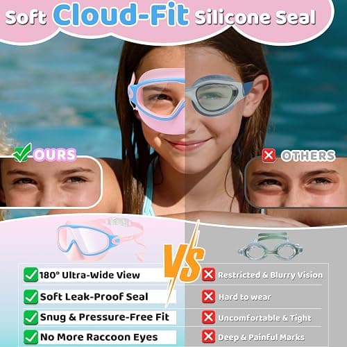 Vvinca Swim Goggles, Kids Goggles with Earplugs& Nose Clip Wide View Anti-Fog/UV Swimming Goggles for Age 3-15 Boys Girls thumbnail 4
