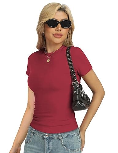 YOGINGO Womens Basic Short Sleeve Crew Neck T Shirt Slim Fit Tees Summer 2025 Y2k Going Out Fitted Top Cute Tight Shirts thumbnail 4