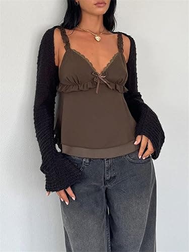 Women Y2k Ruffle Cami Top Tie Front Sleeveless V Neck Ruched Flowy Peplum Babydoll Tops Summer Coquette Streetwear thumbnail 3
