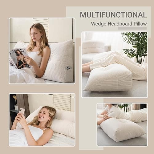 MQK Headboard Pillow Bed Wedge Pillow for Headboard with Side Pocket Dorm Headboard Twin xl Long Back Pillow for Bed Bolster Pillow for Mattress Gap Filler White Reading Pillow for Bedroom Sofa Daybed thumbnail 4
