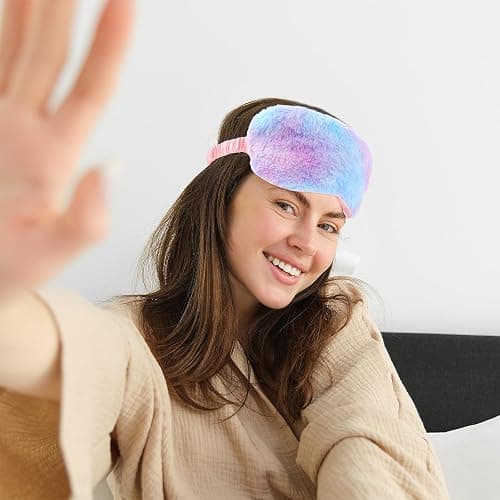 2 Pack Plush Sleeping Eye Mask Soft Plush Eye Mask Fuffy Eye Cover Comfortable Sleep Mask Blindfold Rainbow Faux Fur Eye Shade for Women, Men and Kids Travel Nap Sleeping thumbnail 5