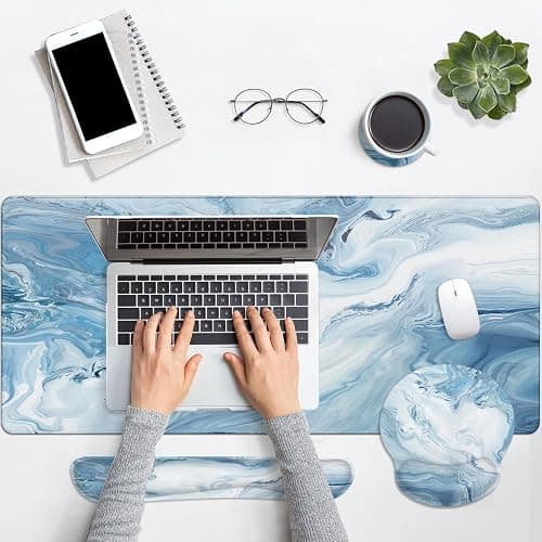 Arttown Blue White Gradient Desk Mat Abstract Ocean Marble Mouse Pad Set 4 in 1 Ergonomic Design Large Mousepad + Keyboard Wrist Rest + Mouse Wrist Rest + Coaster Suitable for Home Office Study Game thumbnail 7