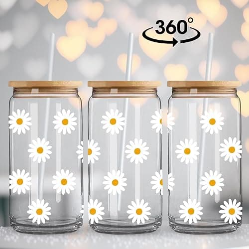Cute Glass Cups with Lids and Straws, Daisy Design Iced Coffee Smoothie Matcha Cup, Aesthetic Mug Tumbler, Flower Drinking Glasses, Birthday Gifts for Women Coffee Lover Preppy Teen Girl Trendy Stuff thumbnail 5