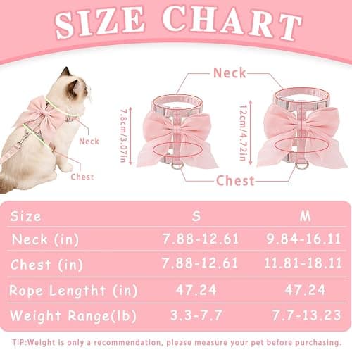 Tensho Pink Bow Cat Harness and Leash Set Escape Proof, Adjustable Kitten Harness with Leash, Bow Tie Cat Harness for Walking Outdoor - Soft Lightweight Harness for Small Dogs Cats Rabbits (S) thumbnail 7