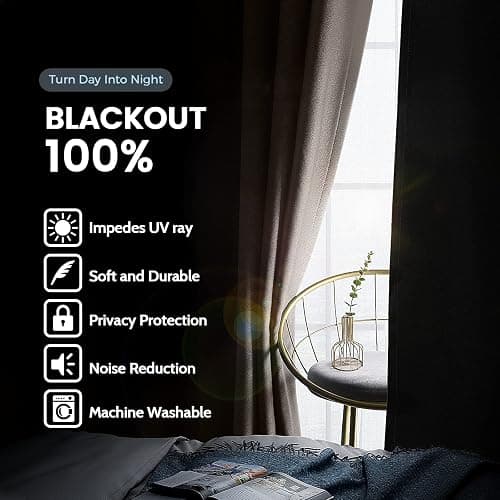 SimpleHome Cream 100% Blackout Curtains Room Darkening Living Room 84 Inch | Curtains for Bedroom,Thermal Insulated Grommet Window Drapes,Curtains for Living Room with Black Back,52 x 84 Inch,2 Panels thumbnail 3