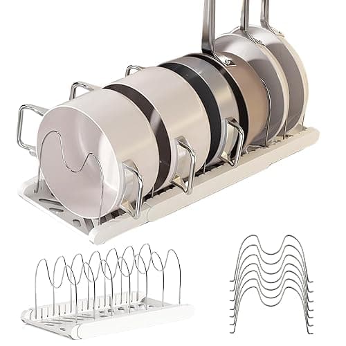 LICRUGU Pot Rack : Pots and Pans Organizer Under Cabinet 7 Adjustable Compartment Expandable Pot Lid Holder for Kitchen Cookware, Bakeware, Lid, Dishes, Cutting Boards,Apricot - Image 1