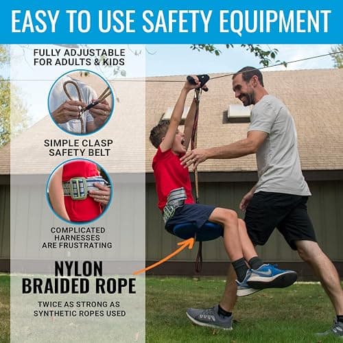 Zip Line Kit for Kids and Adults, 100/120/150/200ft, Up to 350 Lbs, Removable Trolley, Rustproof Stainless Steel, Quick Setup with Ratchet, Safety Harness, Backyard Adventure Fun W/Climbing Holds thumbnail 6
