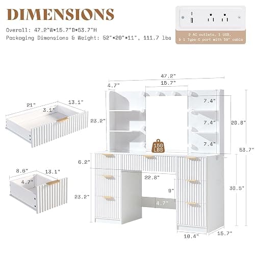 AMERLIFE 47.2" Fluted Vanity Desk with Mirror and Adjustable LED Lights, Large 7 Drawers Makeup Table with Glass Top and Charging Station for Women and Girls, Bedroom or Dorm, White thumbnail 2