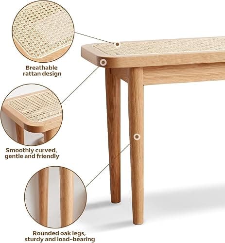 Wayshome 39.4'' Natural Rattan Dining Bench with 100% Solid Oak Wood Bench Frame, Bed End Shoe Ottoman for Kitchen Bedroom Entryway, Natural Oak thumbnail 7