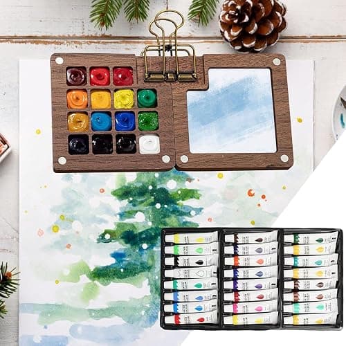 Mini Watercolor Travel Set, 2025 New Watercolor Kit, 24 Color Pocket Artist Watercolor Travel Set with, Wooden Grid Paint Box for Painters Artists and Students (Walnut -15 Grids) thumbnail 2