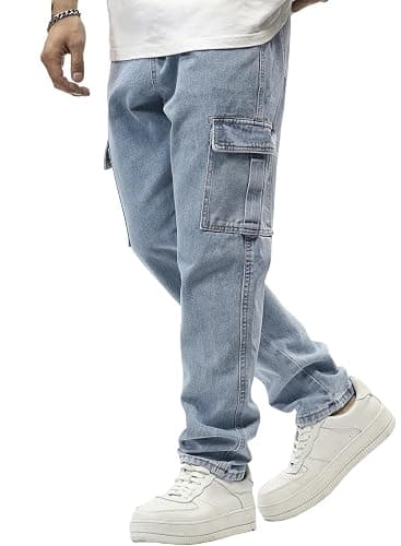 JMIERR Men's Elastic Waist Cargo Jeans Stretch Denim Pants with Drawstring Relaxed Fit for Casual Daily Wear - Image 1
