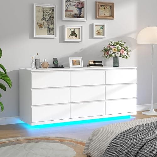 Gyfimoie 9 Drawer Dresser with Power Outlet, Floating White Dresser Chest of Drawer with LED Light,Modern Double Wide Drawer Organizer Cabinet for Bedroom,Living Room (9 Drawer-White) thumbnail 7