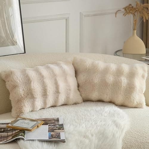 Mandioo Pack of 2 Thick Plush Wool Decorative Throw Pillow Covers Super Soft Wave Bubble Fur Velvet Cushion Covers Pillow Shams for Couch Bed Living Room 12x20 Inch Beige thumbnail 2