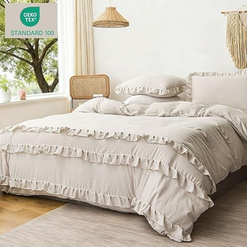 CCoutueChen Beige Ruffle Duvet Cover Twin 2Pcs Ruffled Duvet Cover Set Cottagecore Frilly Bedding Set 100% Washed Microfiber Shabby Chic Farmhouse Bedding with 1 Pillowcase(No Comforter) thumbnail 2