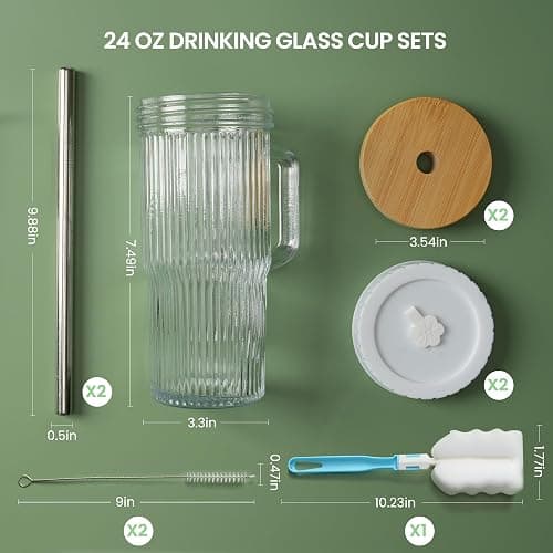 Birity 24oz Ribbed Glass Cup with Lids and Straws,2Pack Glass Tumbler with Handle,Reusable lced Coffee Cups with lids-Glass Cups with Lids,Mason Jar Cup for Smoothie,Coffee,Juice,Water,Tea,Travel Mug thumbnail 3