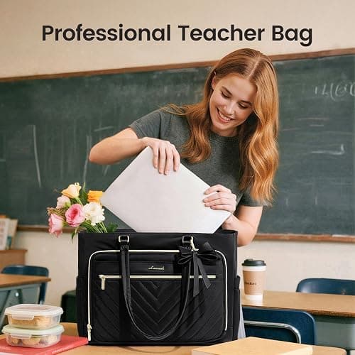LOVEVOOK Laptop Tote Bag for Women, Work Bag Teacher Tote with Large Cup Holder, Quilted Nurse Diaper Bag for Travel, Computer Women's handbags for Teacher gift, Black, 15.6 Inch thumbnail 2