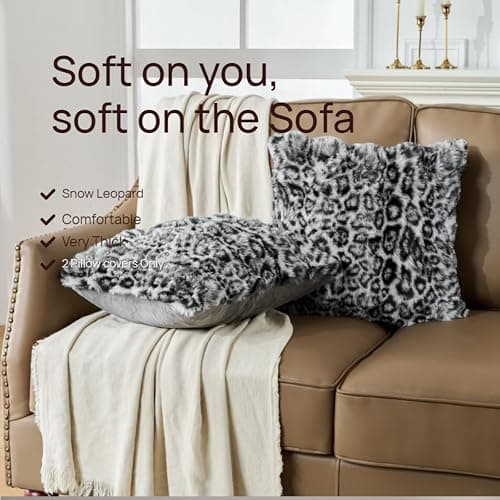 Set of 2 Faux Fur Snow Leopard Pillowcase,Cheetah Skin Soft Plush Animal Fur Print Throw Pillow Cover Case,Super Cozy Decorative Cushion Covers for Couch Sofa 20x26 Inches thumbnail 4
