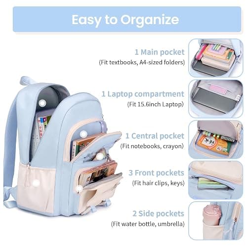 Tanou School Backpacks for Girls, 20 Liters Kawaii Girls School Bag with Pendant, Lightweight Nylon Childrens Backpack for Primary Junior School, Blue thumbnail 4