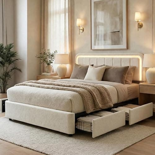 Yechen Cloud Full Size Bed Frame with Adjustable Headboard, Boucle Upholstered Bed Frame with LED Light, 4 Storage Drawers, Soft Curved Corners, No Box Spring Needed, Easy Assembly, Beige - Image 1