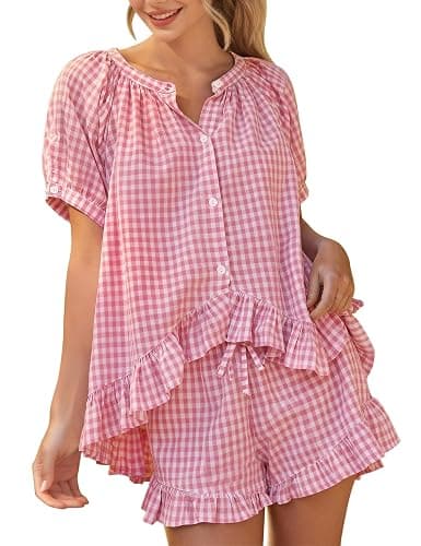 PEHMEA 2 Piece Gingham Pajama Sets for Women Summer Outfits 2026 Plaid Babydoll Shirt Ruffle Shorts Lounge Pjs - Image 1