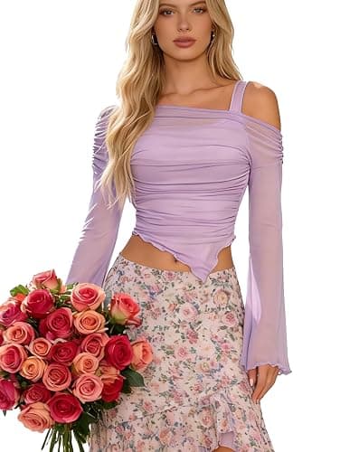 OYOANGLE Women's Long Sleeve Shirt Mesh Crop Top Asymmetrical Hem Crop Blouse Y2K Going Out Top Club Party - Image 1