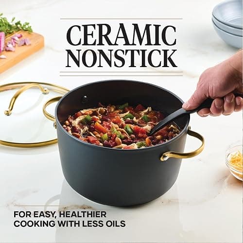 Farberware Forged Induction Ceramic Nonstick Pots and Pans Set with Lids and Kitchen Cooking Tools - Dishwasher Safe, Suitable for All Stovetops, 12 Piece Cookware Set - Black and Gold thumbnail 4