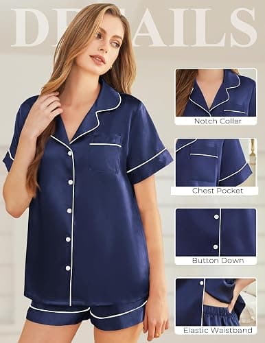 SHEFOTY Silk Pajamas for Women Short Sleeve Sleepwear Soft Button Down Loungewear 2 Piece Satin Pjs Shorts Set S-XXL thumbnail 5