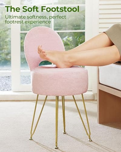 GREENSTELL Small Vanity Stool Chair with Storage and Folding Back, 13" x 13" x 17.7" Faux Fur Soft Ottoman for Teenager, 4 Metal Legs with Anti-Slip Feet, Furry Padded Seat for Makeup, Bedroom, Pink thumbnail 6