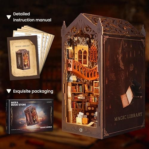 Book Nook Kit, DIY Dollhouse Booknook, Miniature House Kit for Adults and Teens, Library Tiny okshelf Decor, 3D Wooden Puzzle Bookends with Sensor Led Light, Gifts for Family, Friends thumbnail 6