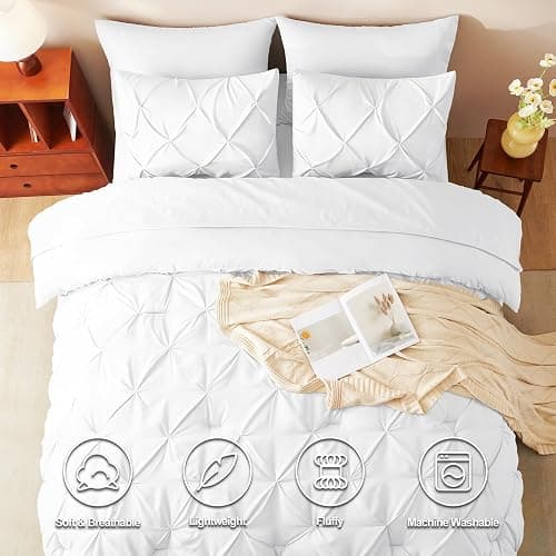 CozyLux Queen Comforter Set White, 7 Pieces Pintuck Bed in A Bag, Premium White Comforter Queen Size, Pinch Pleat Bedding Sets with Comforter, Sheets, Pillowcases & Shams thumbnail 2