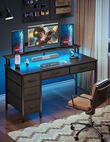 Seventable Computer Desk with Power Outlets & LED Light, 47 inch Home Office Desk with 5 Drawers, Writing Desk with Monitor Stand, Work Desk for Home Office, Black thumbnail 2