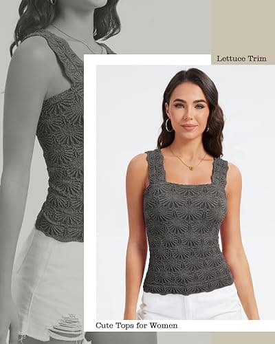 Women's Square Neck Wide Strap Crop Tank Tops Slim Fit Sleeveless Going Out Top Flower Lettuce Trim Cami Tops - Small - Dark Gray thumbnail 5