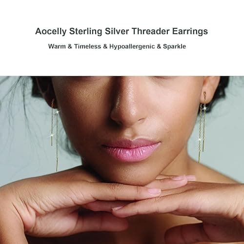 Chain Threader Earrings Dangle for Women Sterling Silver 925 | 2 Pairs Hypoallergenic and Versatile Pull Through Thread Dangly Earrings Woman 14K Gold Plated Silver (2.4" / 4.8") thumbnail 2