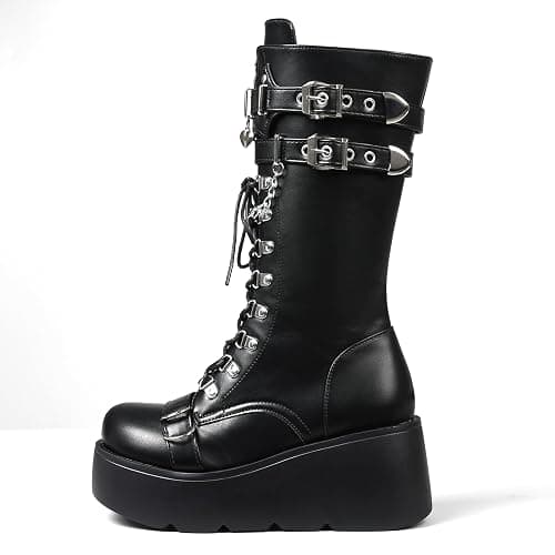 Yremael Women's Black Platform Boots Wedge Combat Gothic Chunky Heel Lace Up Mid Calf Punk Motorcycle Shoes thumbnail 5