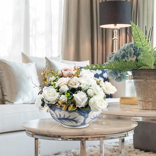 Maxdot Blue and White Bowl 10 x 5 Inch Large Hand Painted Stoneware Decorative Vase Bowl with Floral Chinoiserie Ceramic Design for Kitchen Centerpiece Creative Home Decor thumbnail 6