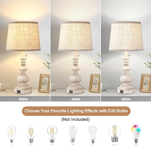 Drawealth Table Lamps for Bedrooms Set of 2 Farmhouse Bedside Lamps for Nightstand with USB Charging Ports Traditional Side Table Lamps for Living Room Wooden Finish, Pull Chain, Bulbs Not Included thumbnail 4