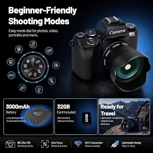 Cameras for Photography, 64MP Dual Lens Vlogging Camera & 32GB Card (Black) | 8K Digital Camera with 4" Touch Screen, LED Fill Light, 3000MAh Battery, Lens Hood, Hot Shoe & 32GB TF Card thumbnail 8