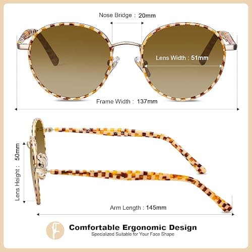 CARFIA Retro Round Polarized Sunglasses for Women UV Protection Acetate Arms Metal Frame Driving Glasses thumbnail 5