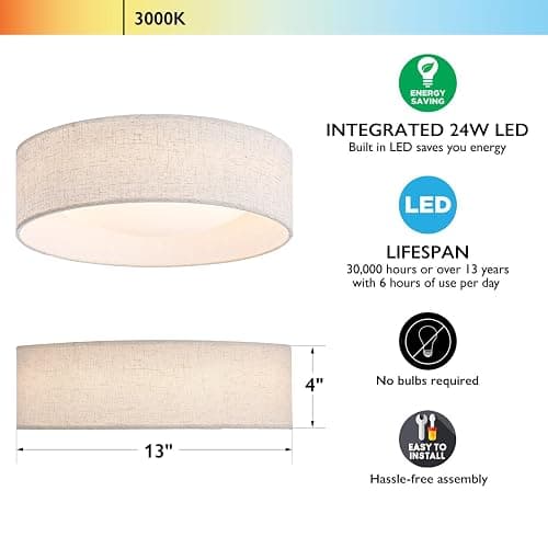 CALOKES 13" Fabric Flush Mount Ceiling Light, 24W 3000K LED Closed to Ceiling Light Fixture with Classic Linen Drum Design for Bedrooms, Kitchen, Dining Room, Hallway thumbnail 2