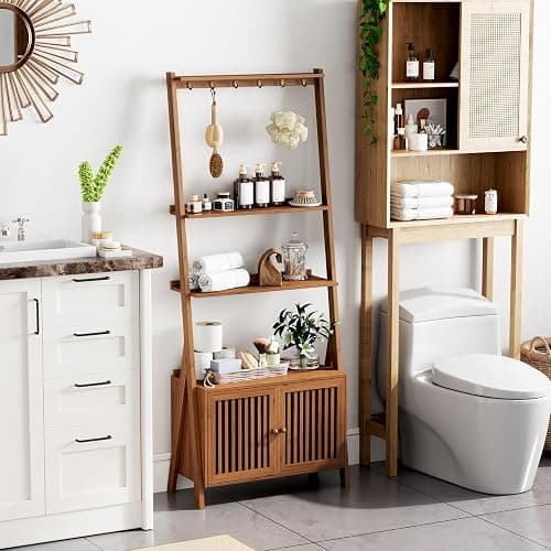 Bookcase with Drawers, 4-Tier Bamboo Bookshelf Ladder Shelf with 6 Hooks, Tall Narrow Retro Book Shelf, 24.8"L x 10.6"W x 59.5"H, Standing Storage Organizer for Living Room, Office, Bedroom, Walnut thumbnail 8