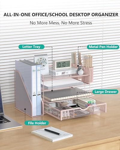 WALI Desk File Organizer, 4 Tier Desktop Paper Letter Tray Organizer with Drawer and 2 Pen Holders, Office Desk Accessories & Workspace Organizers for Office, Home Supplies(DO005DH-P), 1 Pack, Pink thumbnail 3