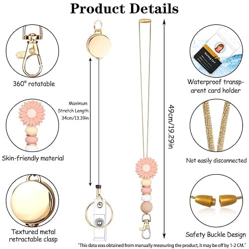 Colorful ID Badge Holder with Silicone Beads Lanyard Set,Cute Teacher Breakaway Lanyard for Keys & Keychain with Cute Retractable Badge Reel Holder,Gift for Women,Nurse, Teacher. (Pink Daisy) thumbnail 4
