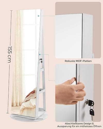SONGMICS Schmuckschrank, Spiegelschrank, mit rahmenlosem Ganzkörperspiegel, 3 Ablagen, 360° drehbar, abschließbar, Oberfläche in Weiß, Innenfutter in Schwarz JJC007W01 thumbnail 8