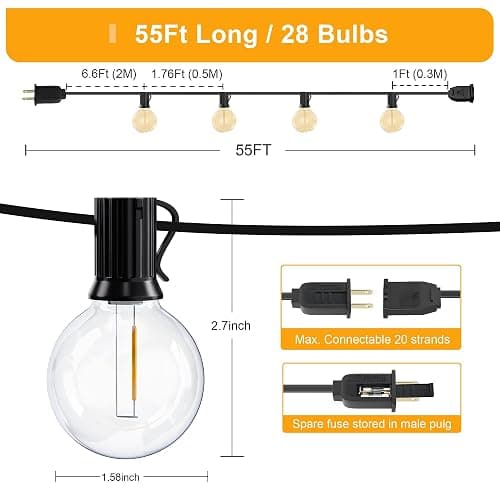 OHLUX Outdoor String Lights, 55FT Shatterproof LED Patio Lights with 26 Dimmable Plastic G40 Bulbs, 2200K Waterproof Connectable Hanging String for Backyard, Cafe, Porch, Deck, E12 Base thumbnail 2